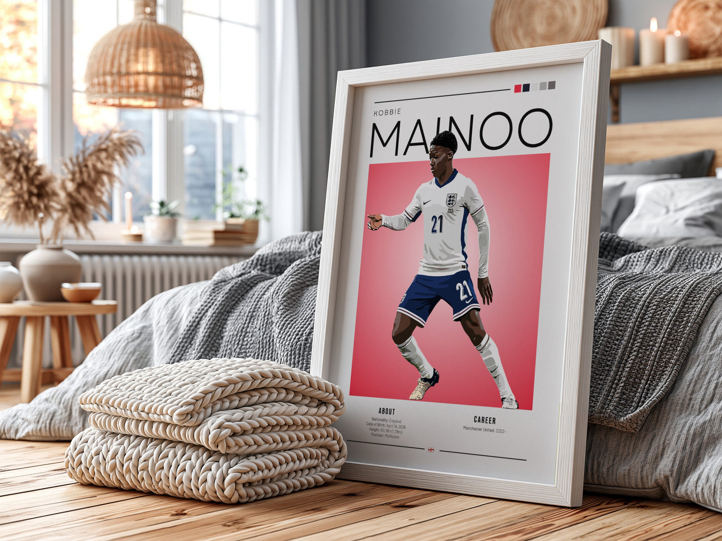 Kobbie Mainoo poster featuring England National Team colors in vibrant design