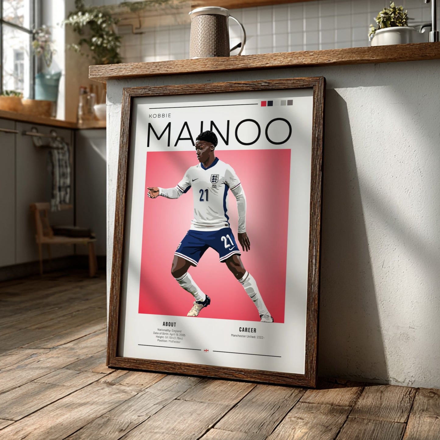 Kobbie Mainoo poster featuring England National Team colors in vibrant design
