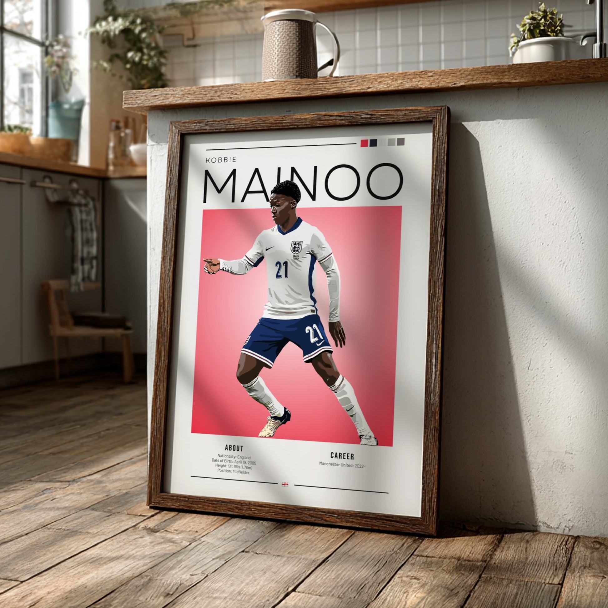 Kobbie Mainoo poster featuring England National Team colors in vibrant design