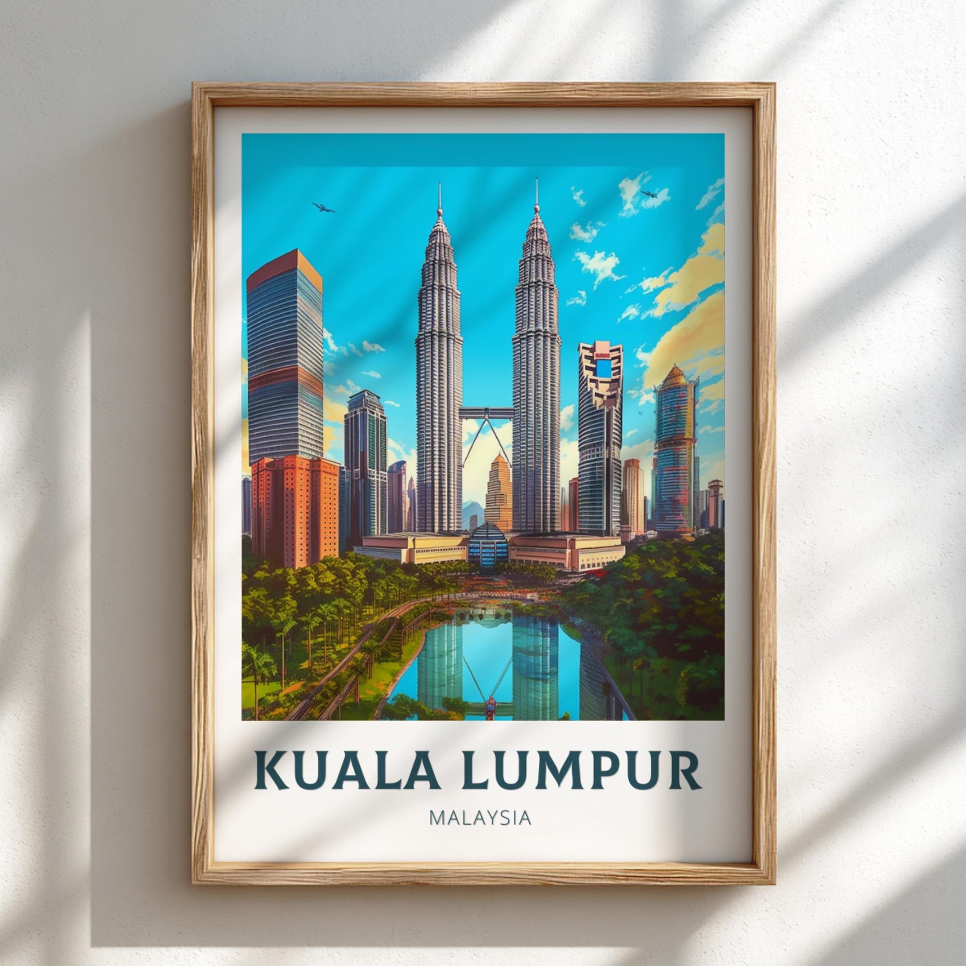 Framed poster of Kuala Lumpur with Petronas Towers on a white wall.