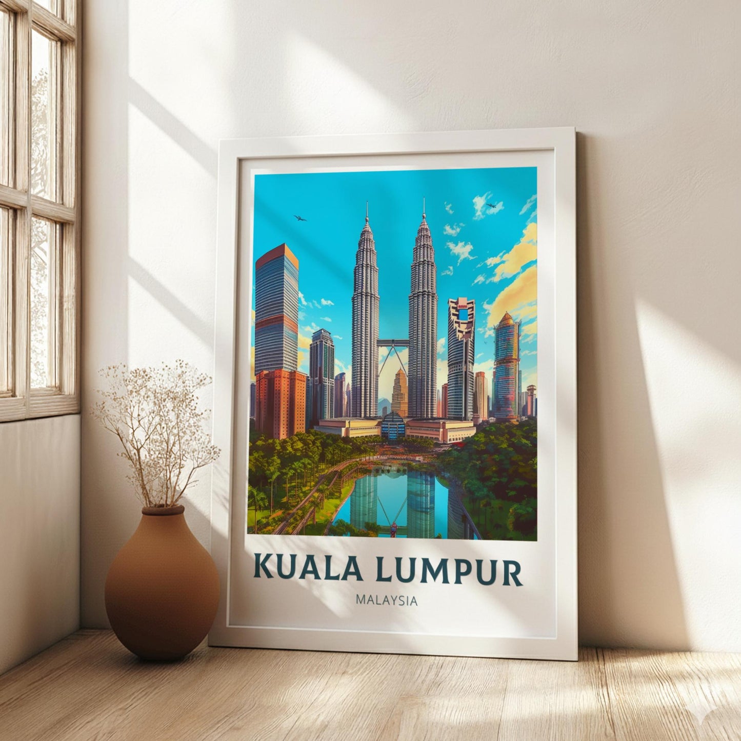 Framed poster of Kuala Lumpur with Petronas Towers in a room with a vase and plant.