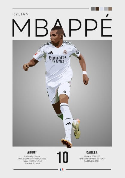 Kylian Mbappé poster in Real Madrid shirt, dynamic football art with modern design and bold colors