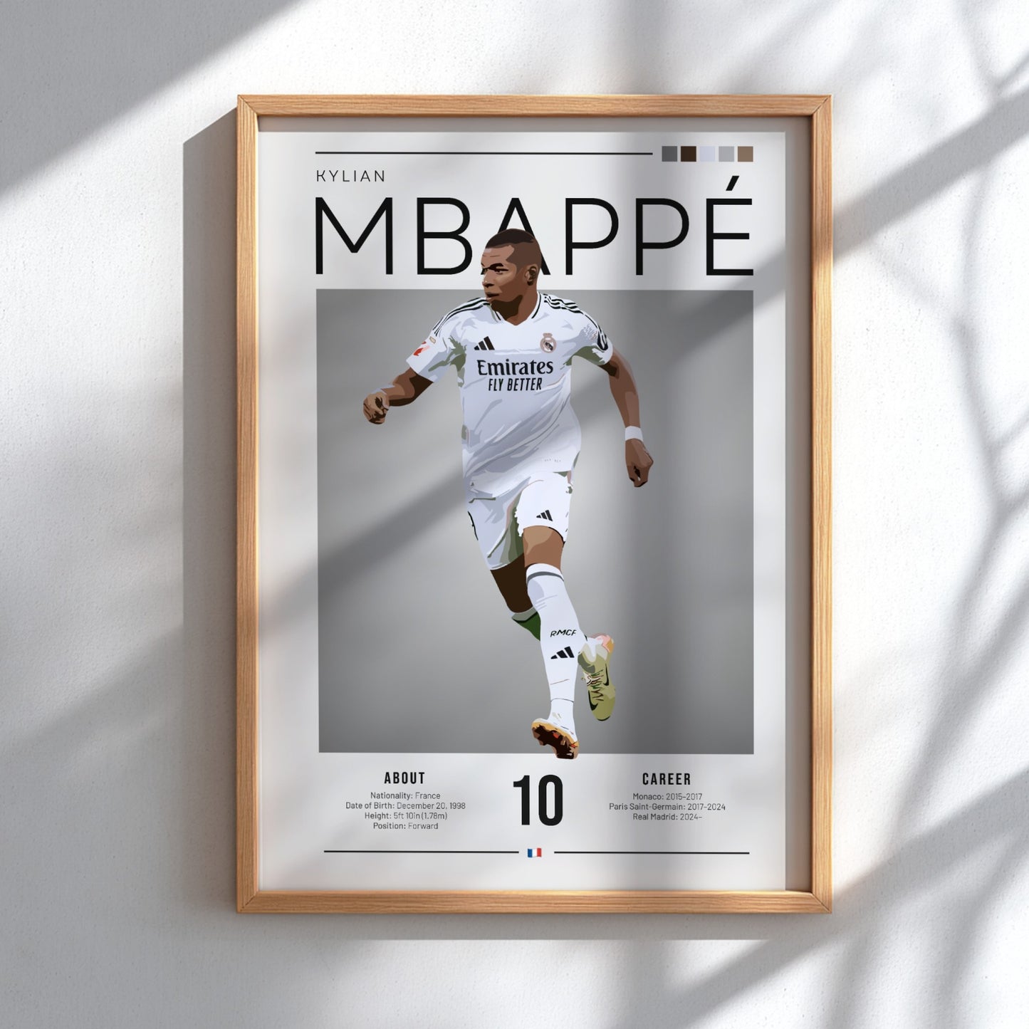 Kylian Mbappé poster in Real Madrid shirt, dynamic football art with modern design and bold colors