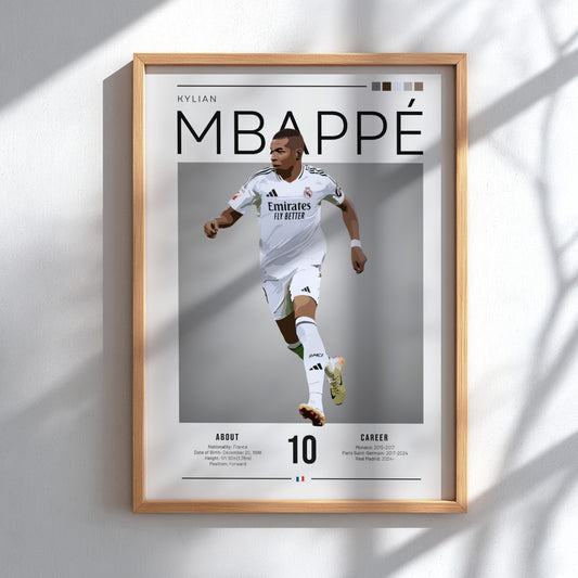 Kylian Mbappé poster in Real Madrid shirt, dynamic football art with modern design and bold colors