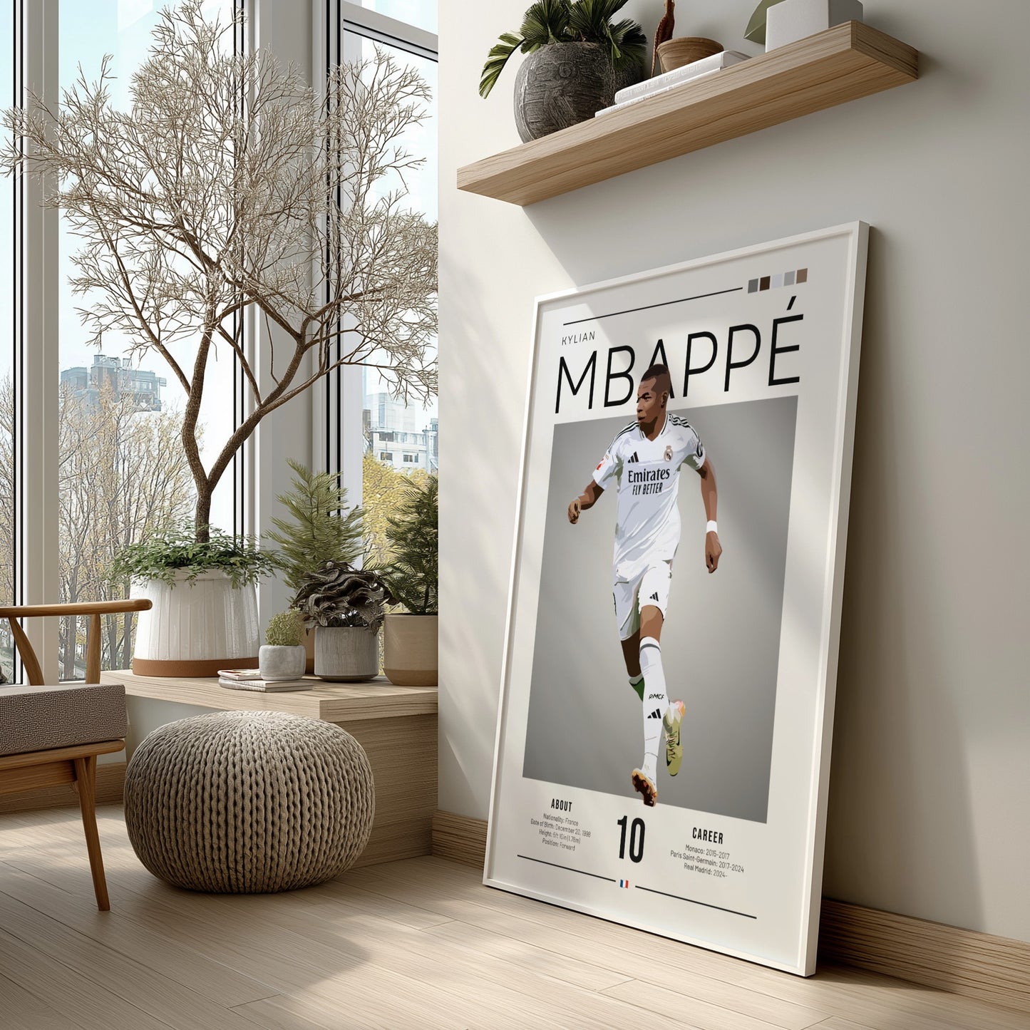 Kylian Mbappé poster in Real Madrid shirt, dynamic football art with modern design and bold colors