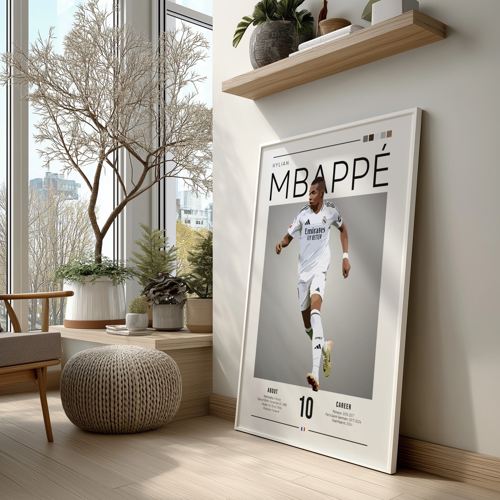 Kylian Mbappé poster in Real Madrid shirt, dynamic football art with modern design and bold colors