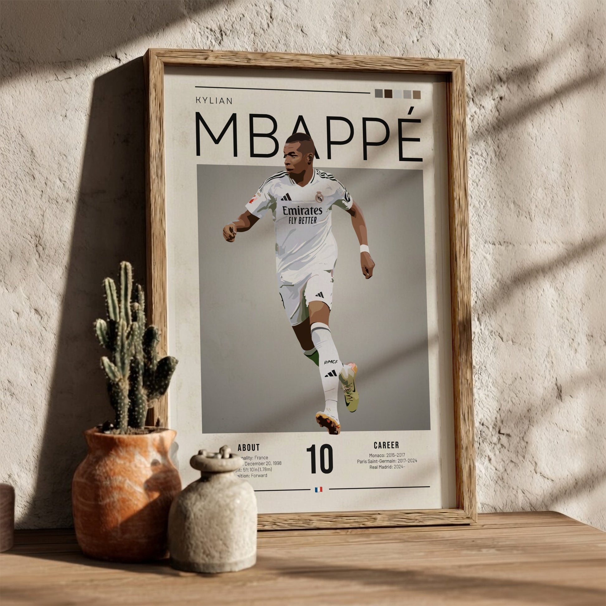 Kylian Mbappé poster in Real Madrid shirt, dynamic football art with modern design and bold colors
