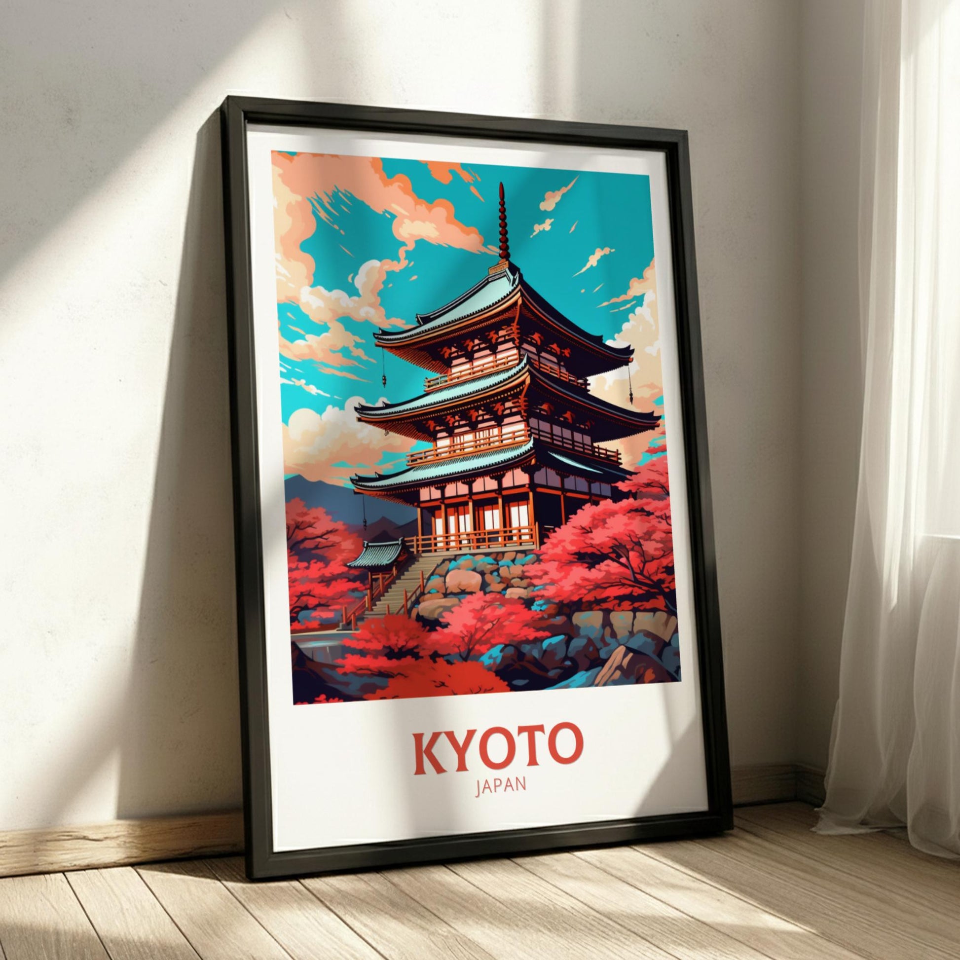 Framed poster of a Japanese temple with 'Kyoto, Japan' text on a wall.