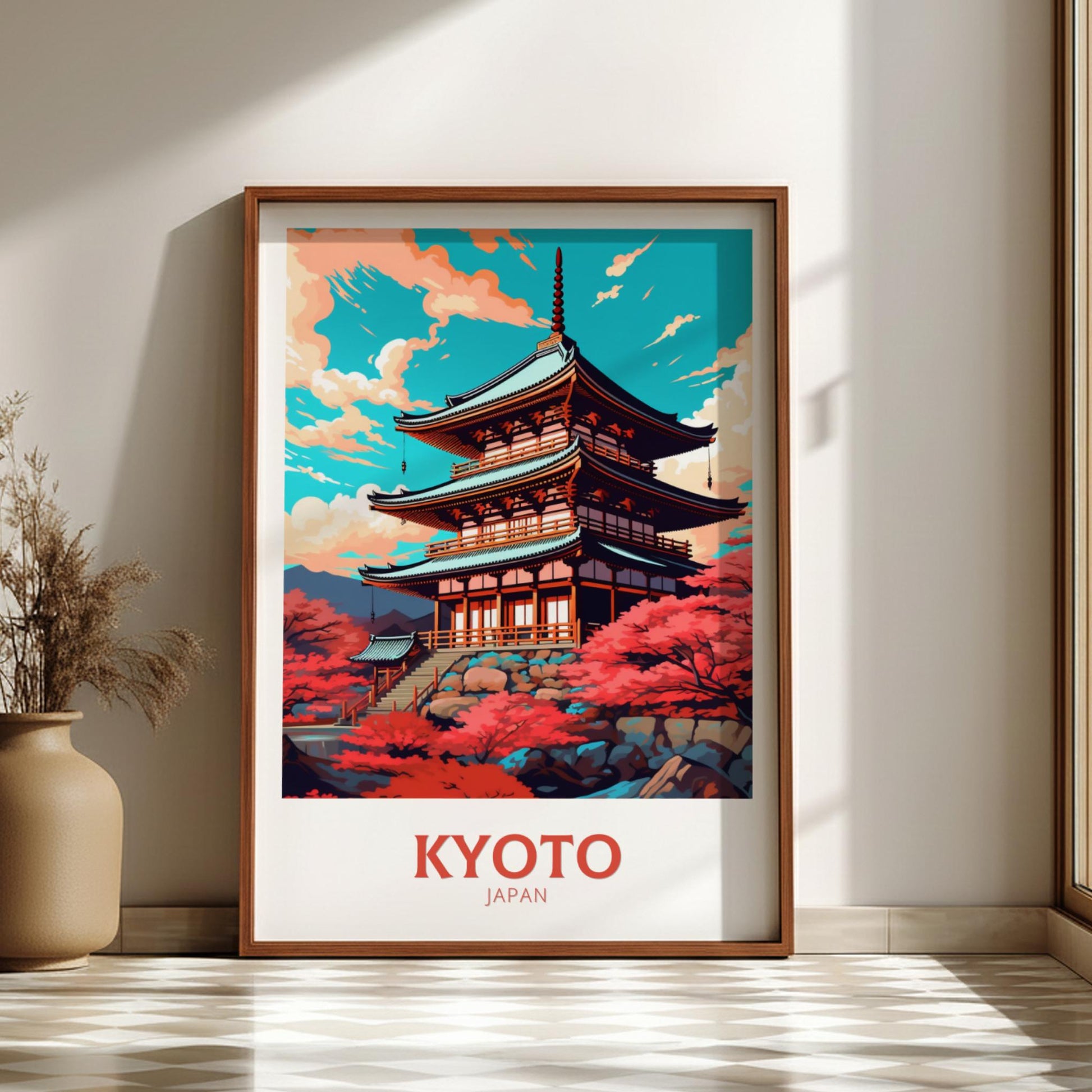 Framed poster of a traditional Japanese temple with 'Kyoto, Japan' text on a wall.