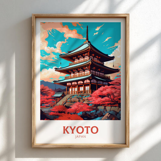 Framed artwork of a Japanese temple with 'Kyoto, Japan' text on a light background