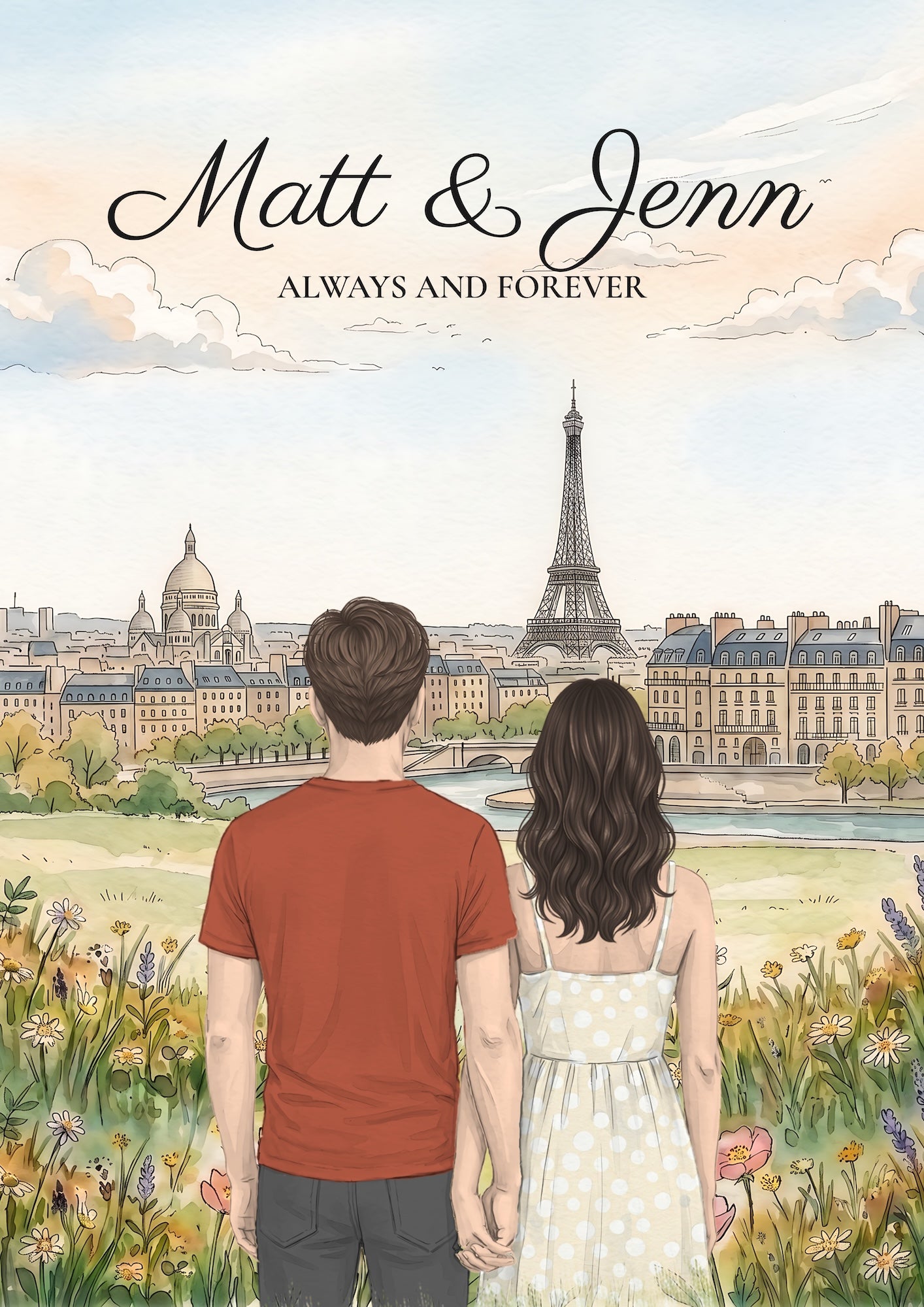 Illustrated book cover for 'Always and Forever' by Matt & Jenn, showing a couple holding hands from behind in a flower field, with the Eiffel Tower and Paris skyline in the background.