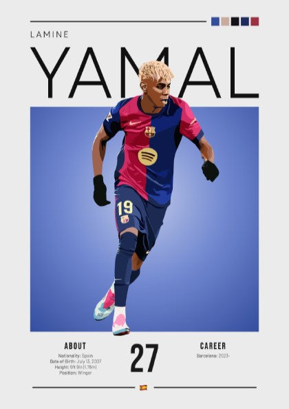 Lamine Yamal poster featuring vibrant colors and modern design, showcasing an athlete in action.