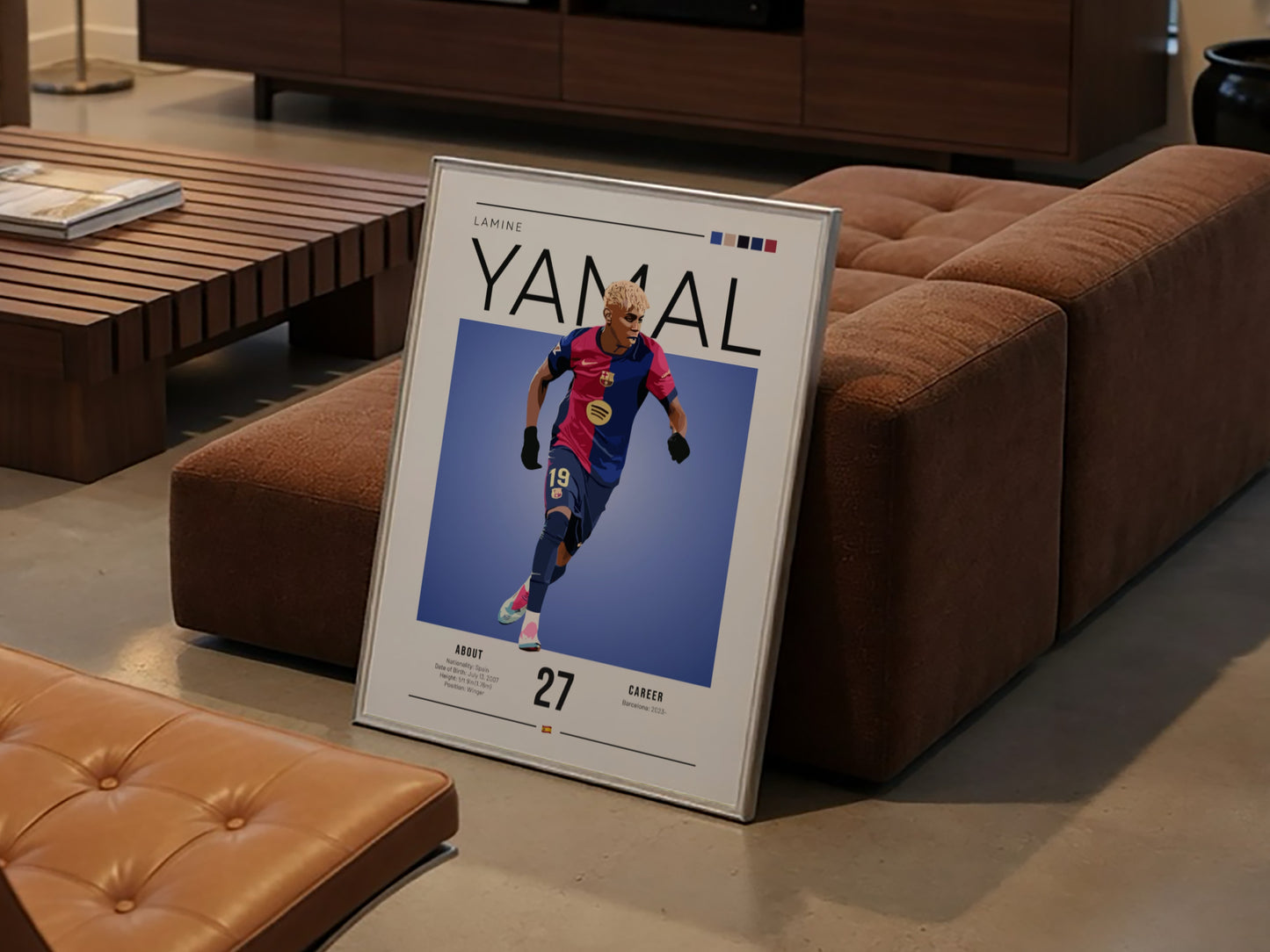 Lamine Yamal poster featuring vibrant colors and modern design, showcasing an athlete in action.