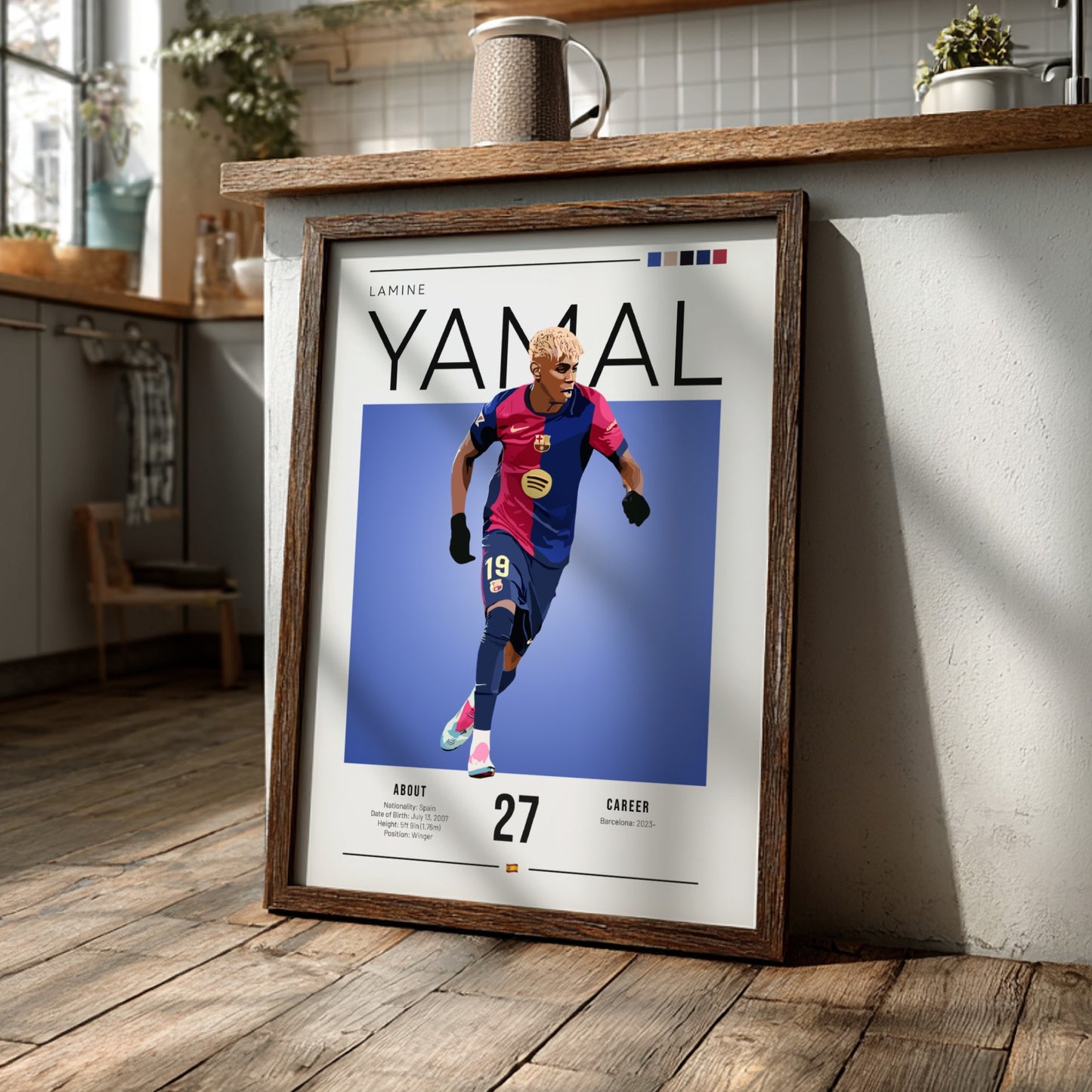 Lamine Yamal poster featuring vibrant colors and modern design, showcasing an athlete in action.