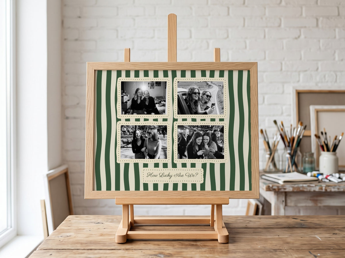 A personalized wooden photo collage frame displayed on a small easel. The frame features a green and white striped pattern background with four black-and-white family photos arranged in a 2x2 grid, and a custom script text banner at the bottom reading 'Best Friends Forever'.