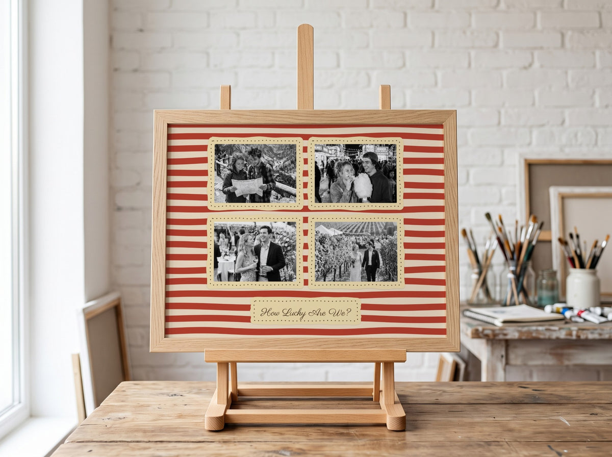 Personalised Couples Multi Photo Landscape Stripe Print in an oak frame on an easel in an art studio