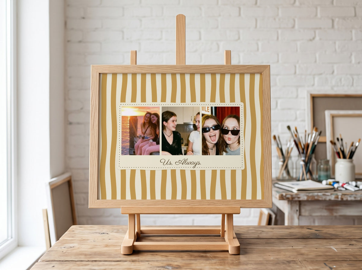 Personalised Us Always Landscape Photo Strip Poster in an oak frame on an easel in an art studio