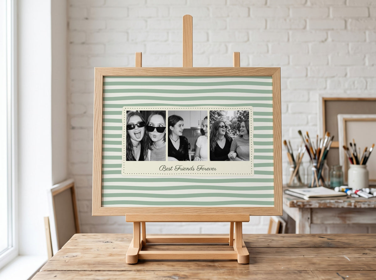Personalised Best Friends Forever Landscape Photo Strip Print in an oak frame on an easel in an art studio