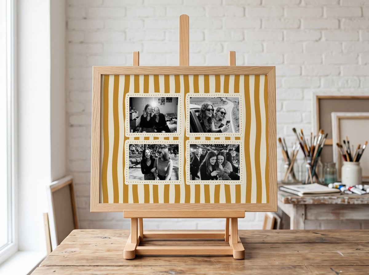 Personalised Four Photo Landscape Collage Poster in an oak frame on an easel in an art studio