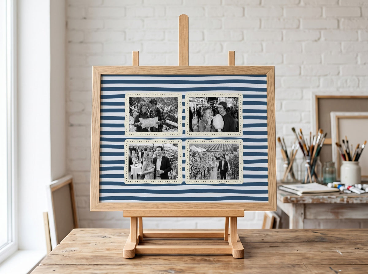 Personalised Couples Four Photo Landscape Print in an oak frame on an easel in an art studio