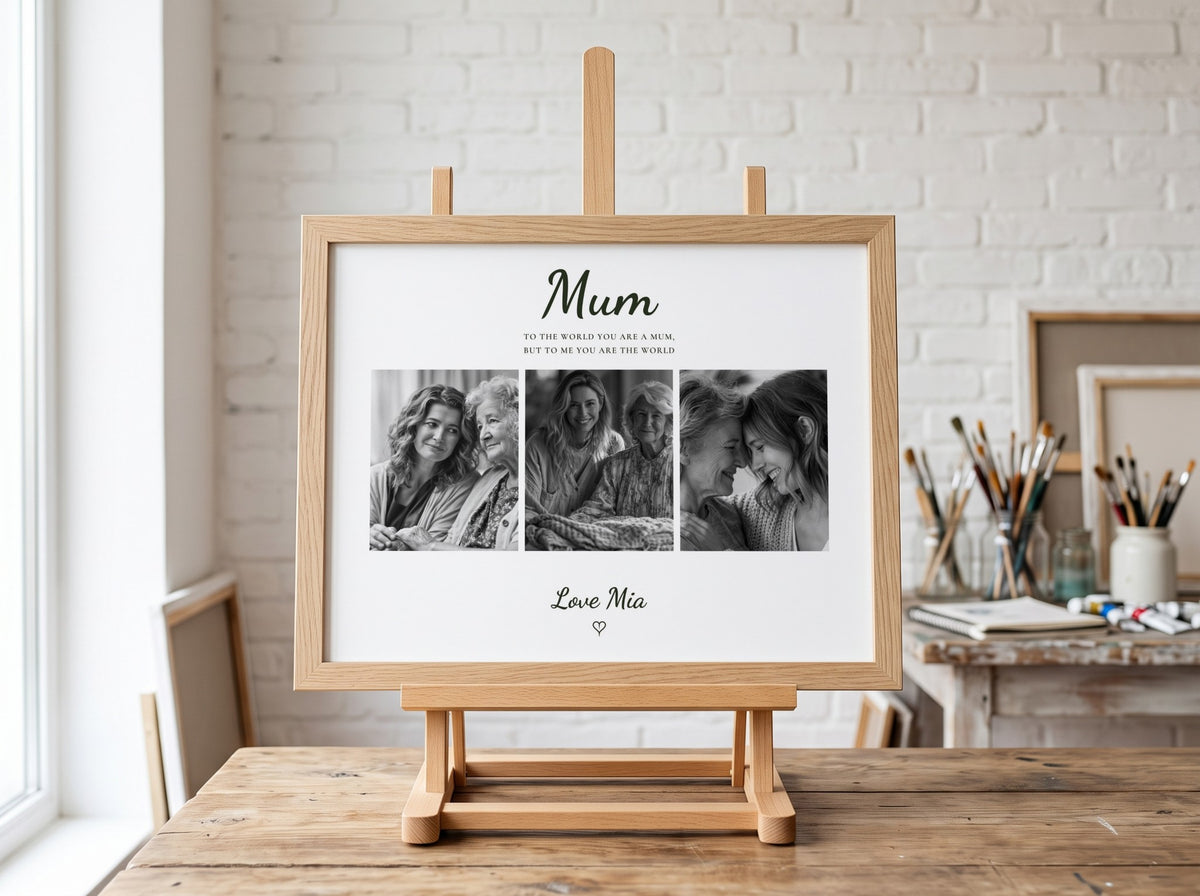 A personalized wooden picture frame displayed on a wooden easel in a bright, modern studio setting. The white print features the word 'Mum' at the top, three black-and-white family photos, a quote, and 'Love Mia' at the bottom.