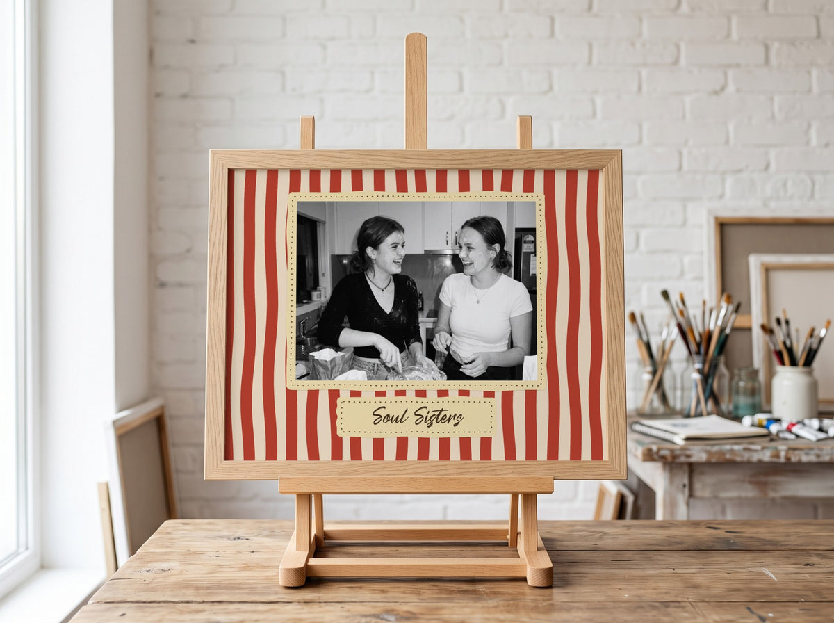 Personalised Soul Sisters Landscape Photo Poster in an oak frame on an easel in an art studio