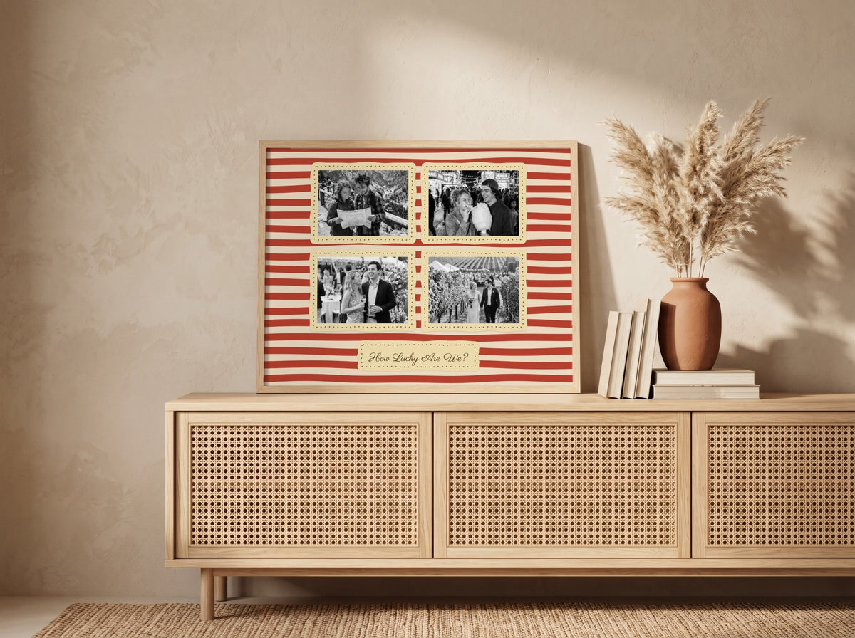 Personalised Couples Multi Photo Landscape Stripe Print in an oak frame leaning against a wall in a boho room