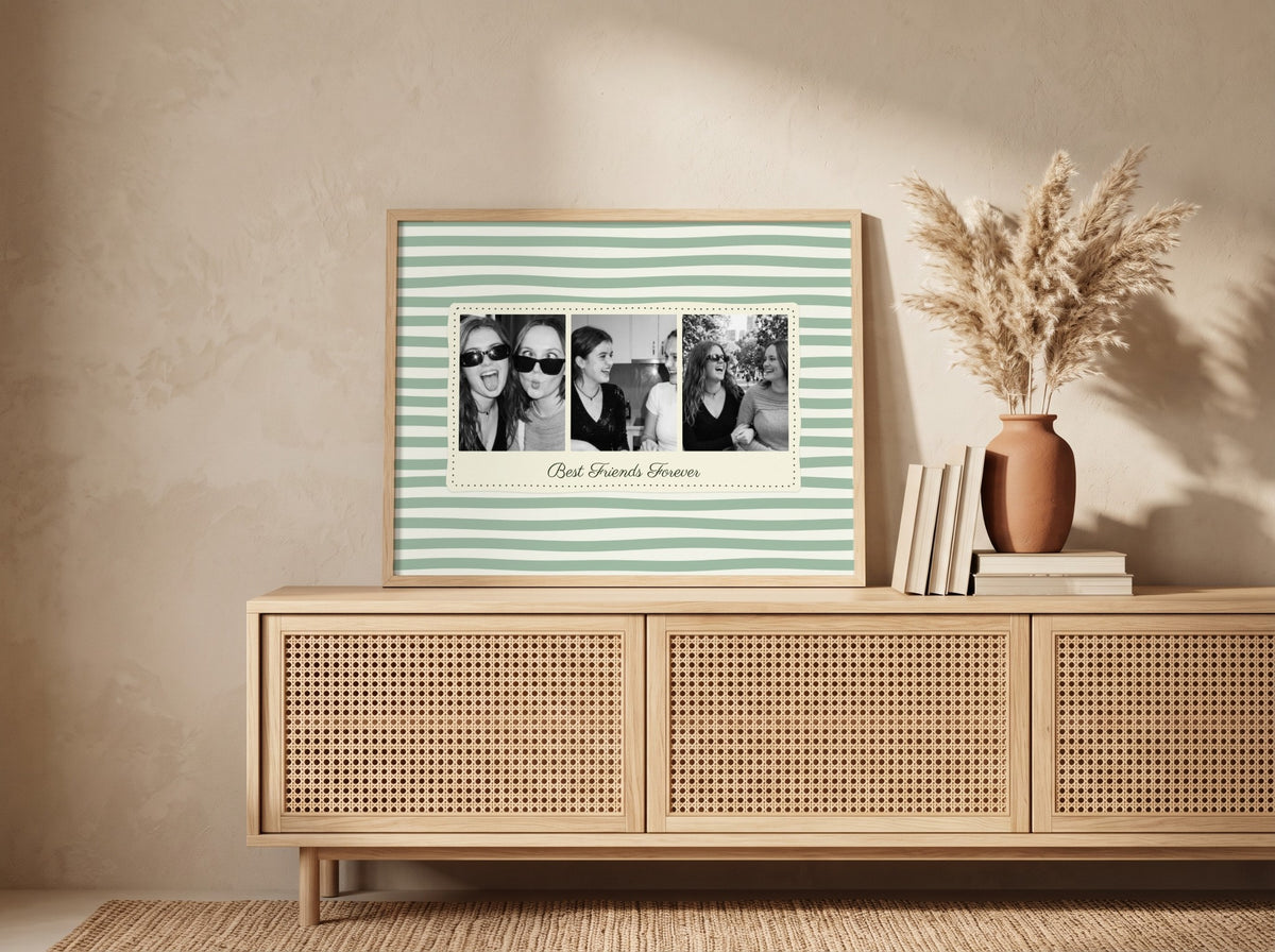 Personalised Best Friends Forever Landscape Photo Strip Print in an oak frame leaning against a wall in a boho room