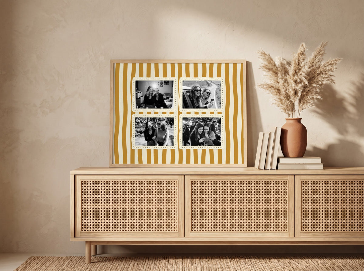 Personalised Four Photo Landscape Collage Poster in an oak frame leaning against a wall in a boho room