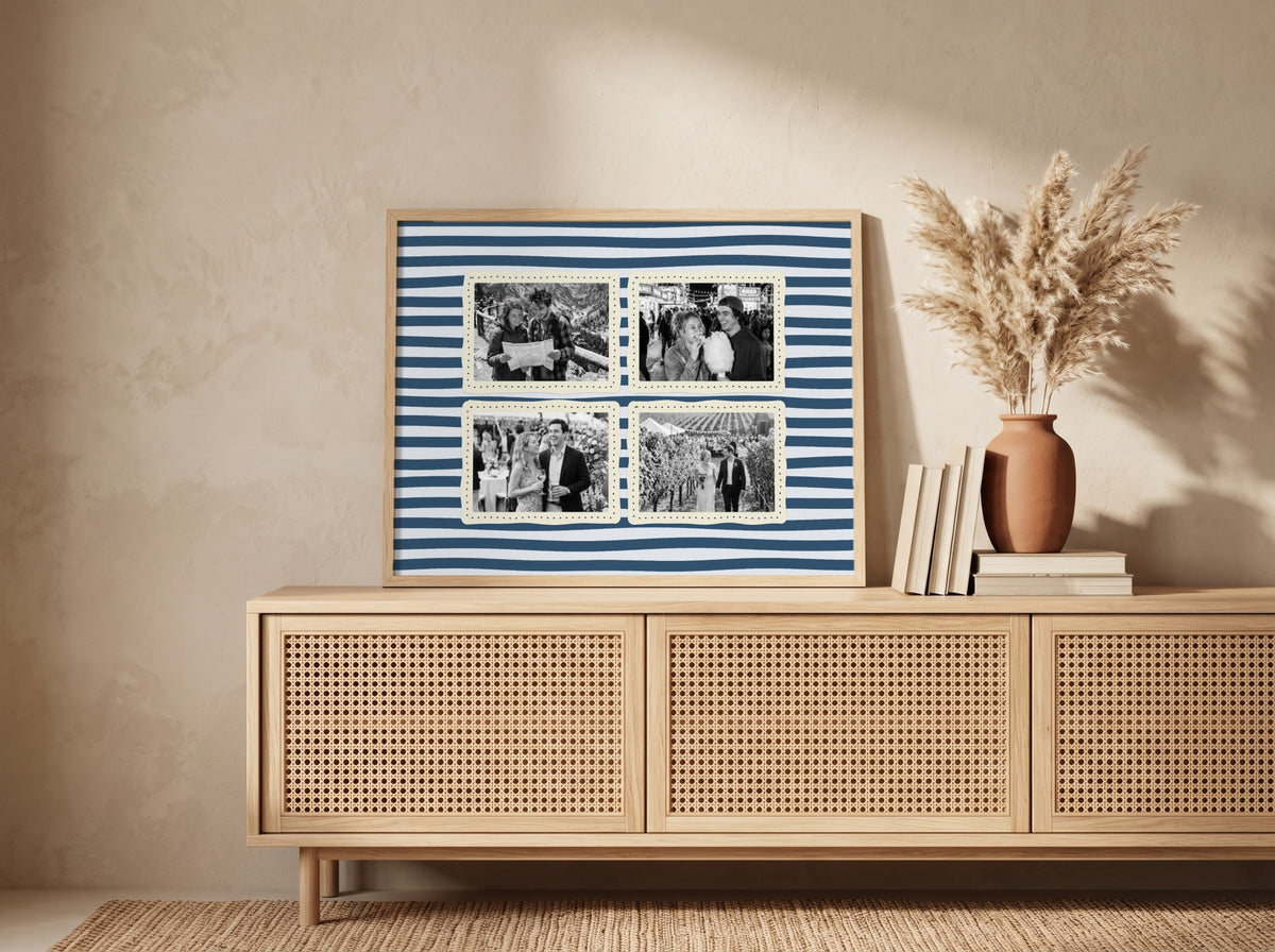 Personalised Couples Four Photo Landscape Print in an oak frame leaning against a wall in a boho room
