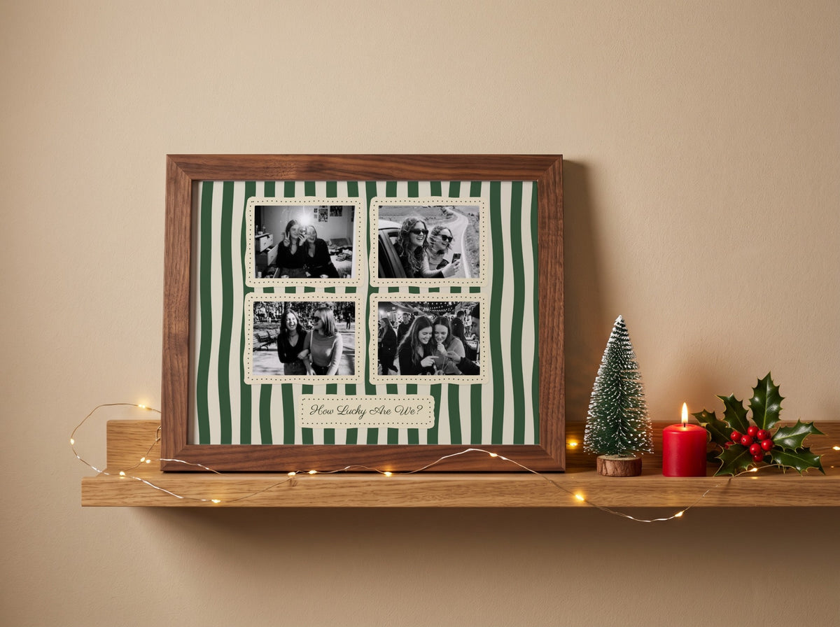 A framed personalized holiday photo collage displayed on a wooden shelf. The frame features a green and white striped background with four black-and-white family photos arranged in a grid, a decorative script label at the bottom, and a dark brown wooden frame.