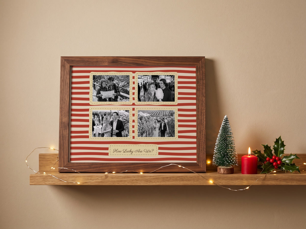Personalised Couples Multi Photo Landscape Stripe Print in a walnut frame in a festive Christmas room