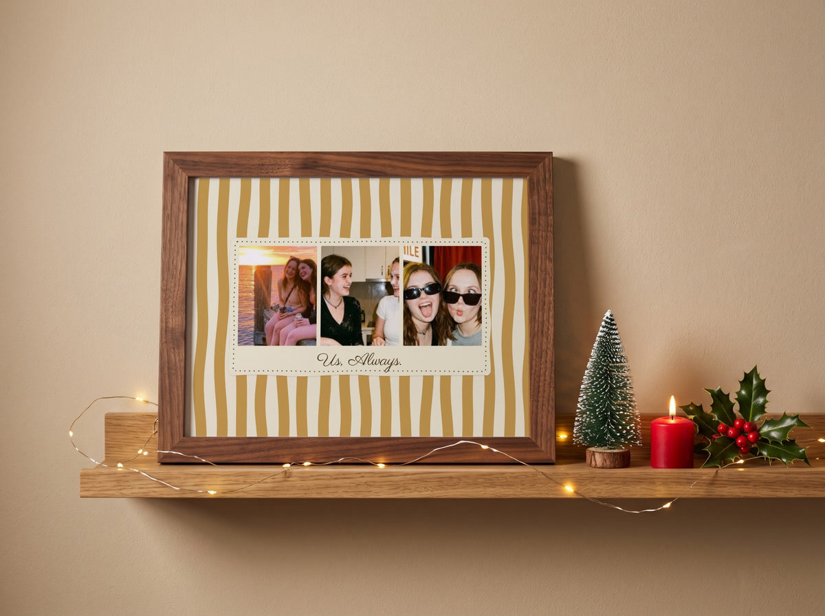 Personalised Us Always Landscape Photo Strip Poster in a walnut frame in a festive Christmas room