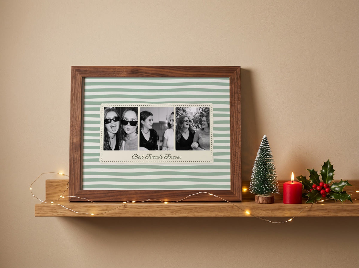 Personalised Best Friends Forever Landscape Photo Strip Print in a walnut frame in a festive Christmas room
