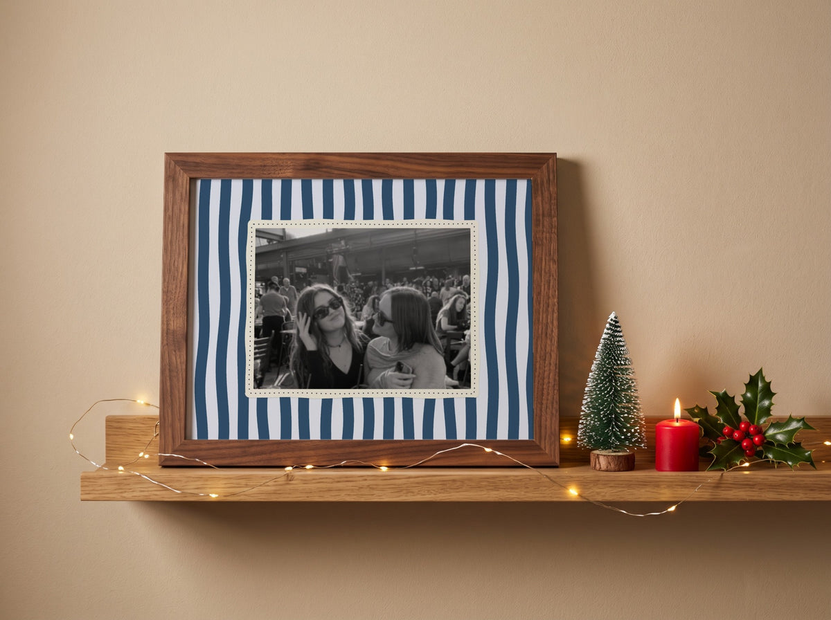 Personalised Wavy Stripes Landscape Photo Poster in a walnut frame in a festive Christmas room