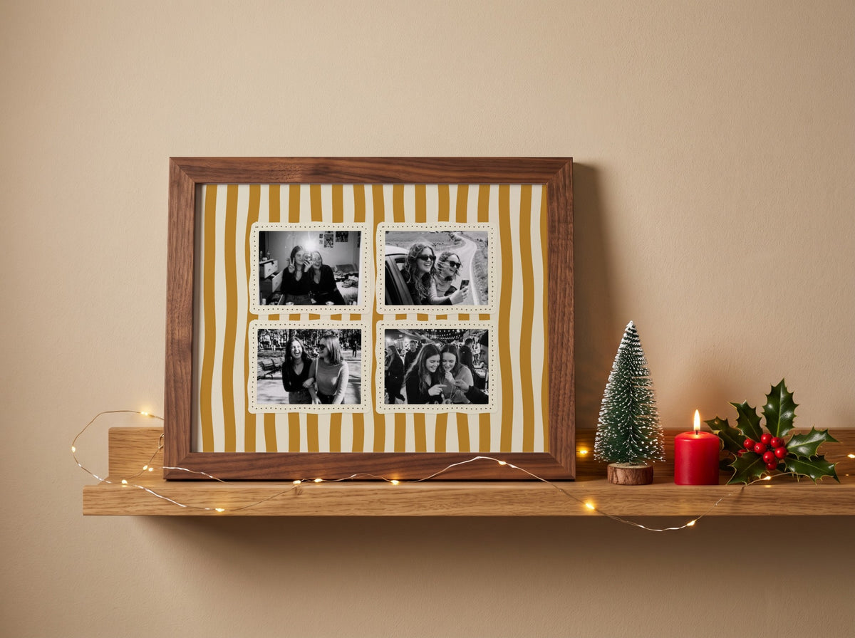 Personalised Four Photo Landscape Collage Poster in a walnut frame in a festive Christmas room
