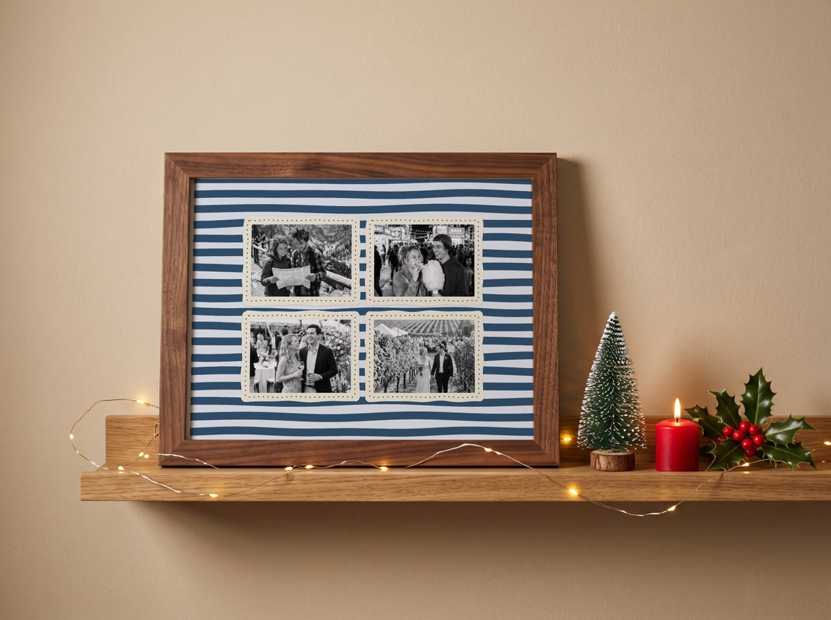Personalised Couples Four Photo Landscape Print in a walnut frame in a festive Christmas room