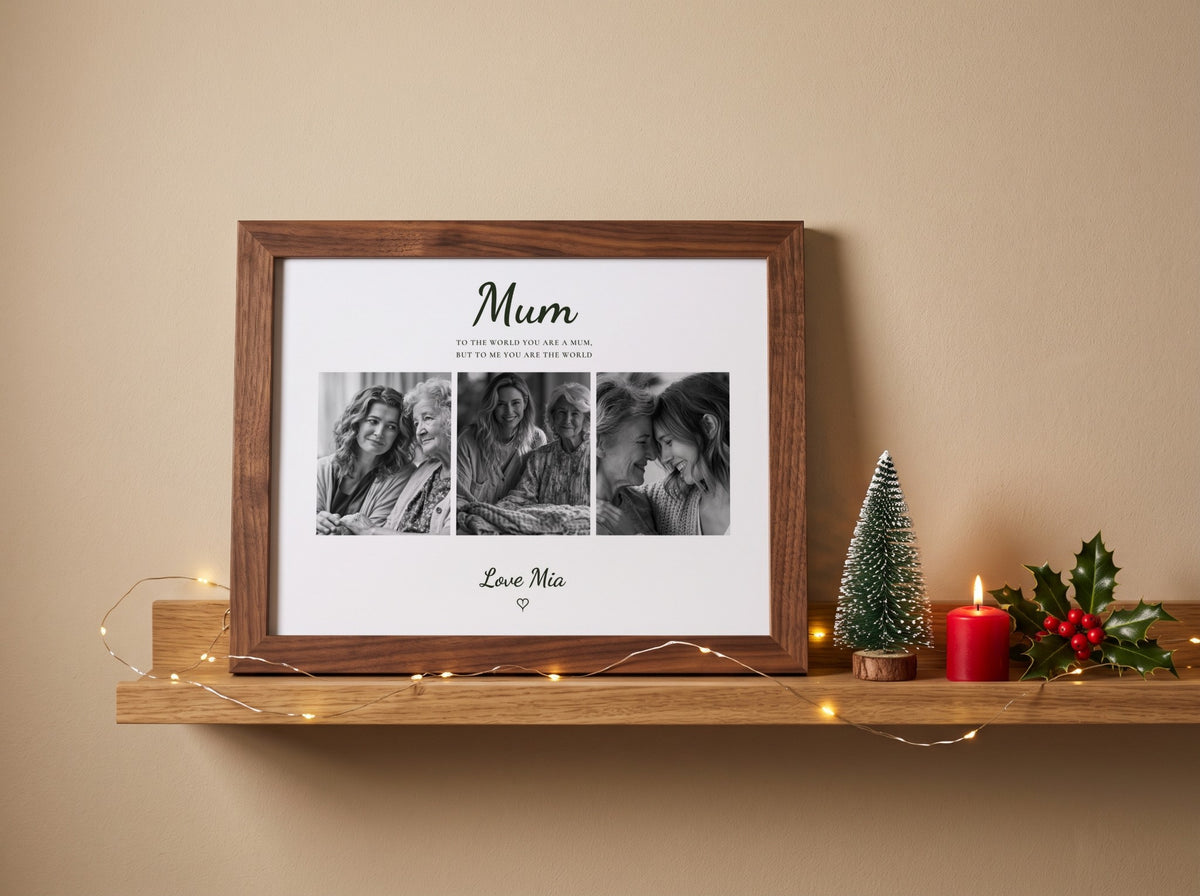 A personalized wooden picture frame print on a shelf, featuring three black-and-white photos with the text 'Mum' and 'Love Mia'. The shelf is styled with a small Christmas tree, a red candle, and fairy lights against a beige wall.