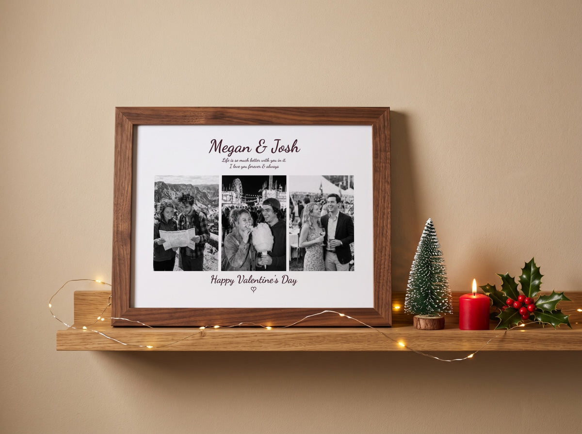 A framed personalized Valentine's Day photo print displayed on a wooden shelf. The print features three black-and-white family photos with custom text reading 'Megan & Josh' and 'Happy Valentine's Day'.