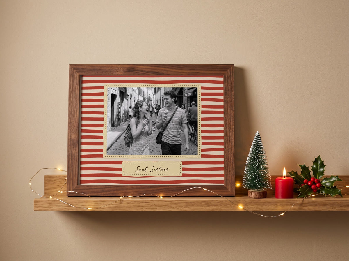 Personalised Stripes Soul Sisters Landscape Print in a walnut frame in a festive Christmas room