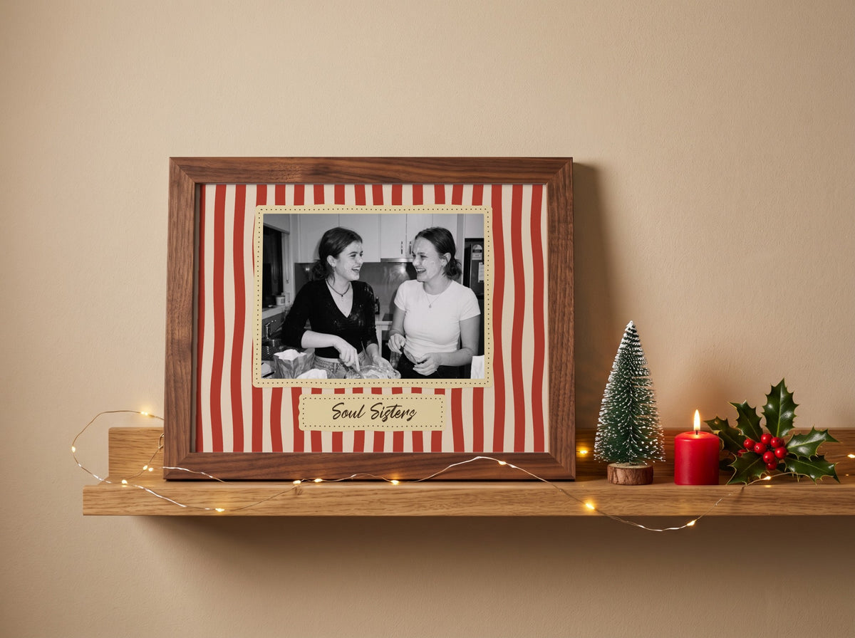 Personalised Soul Sisters Landscape Photo Poster in a walnut frame in a festive Christmas room