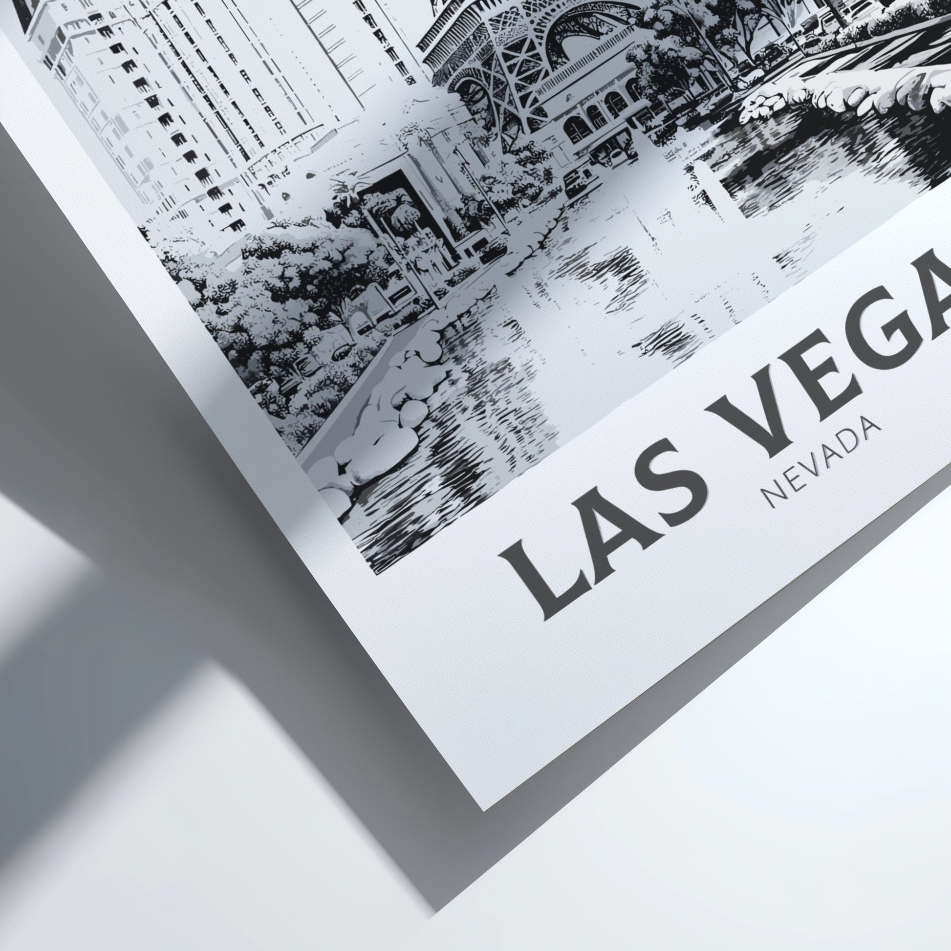 Framed black and white print of a cityscape with 'Las Vegas Nevada' text.