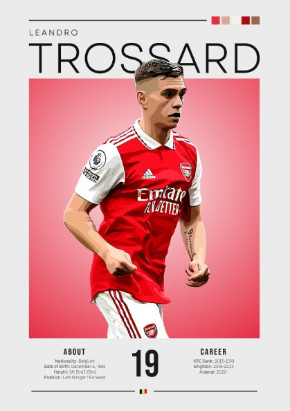 Leandro Trossard poster featuring vibrant colors and dynamic football action, perfect for wall decor.
