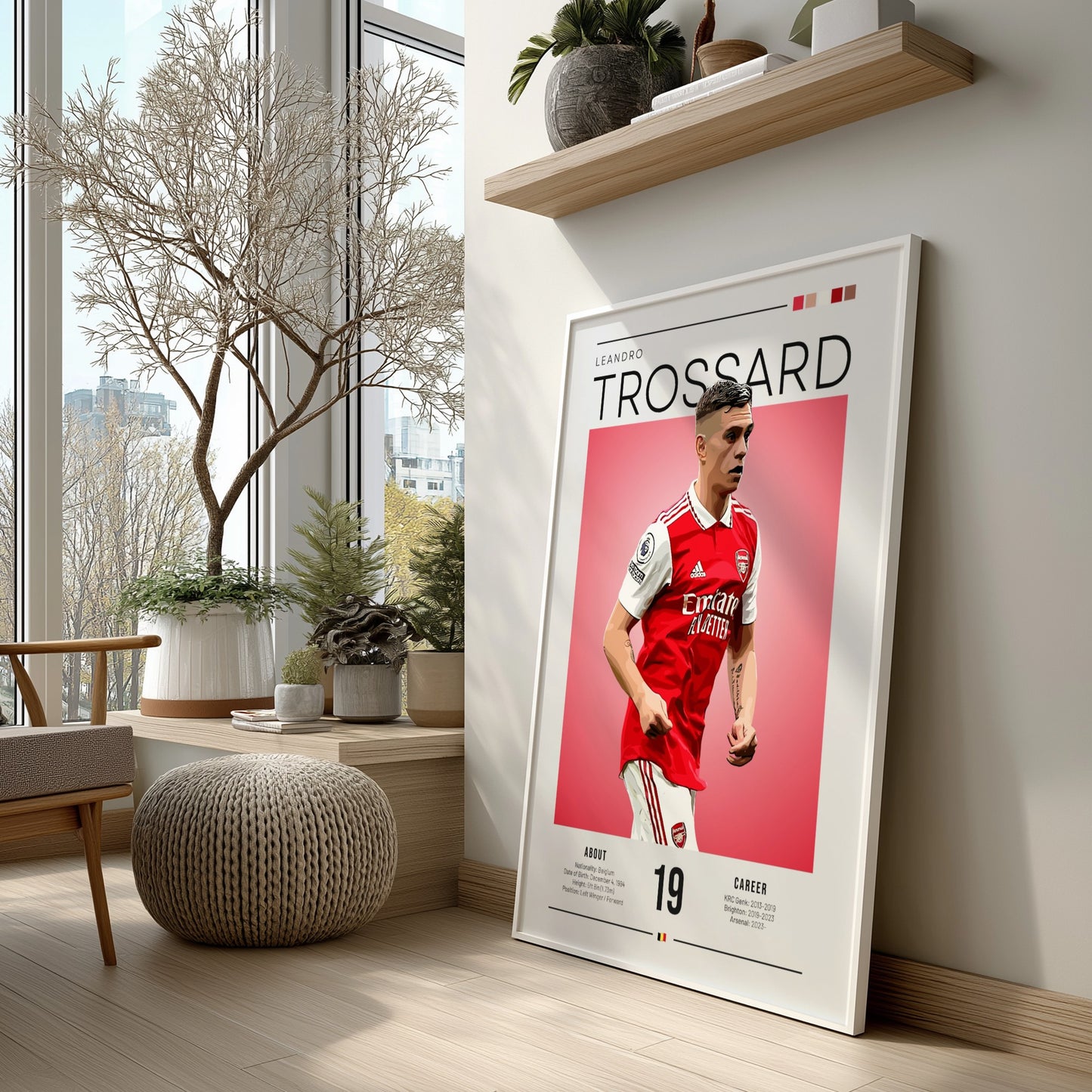 Leandro Trossard poster featuring vibrant colors and dynamic football action, perfect for wall decor.
