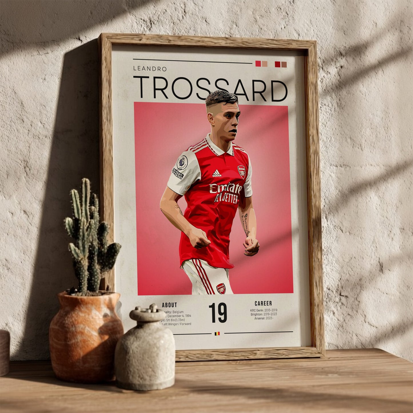 Leandro Trossard poster featuring vibrant colors and dynamic football action, perfect for wall decor.