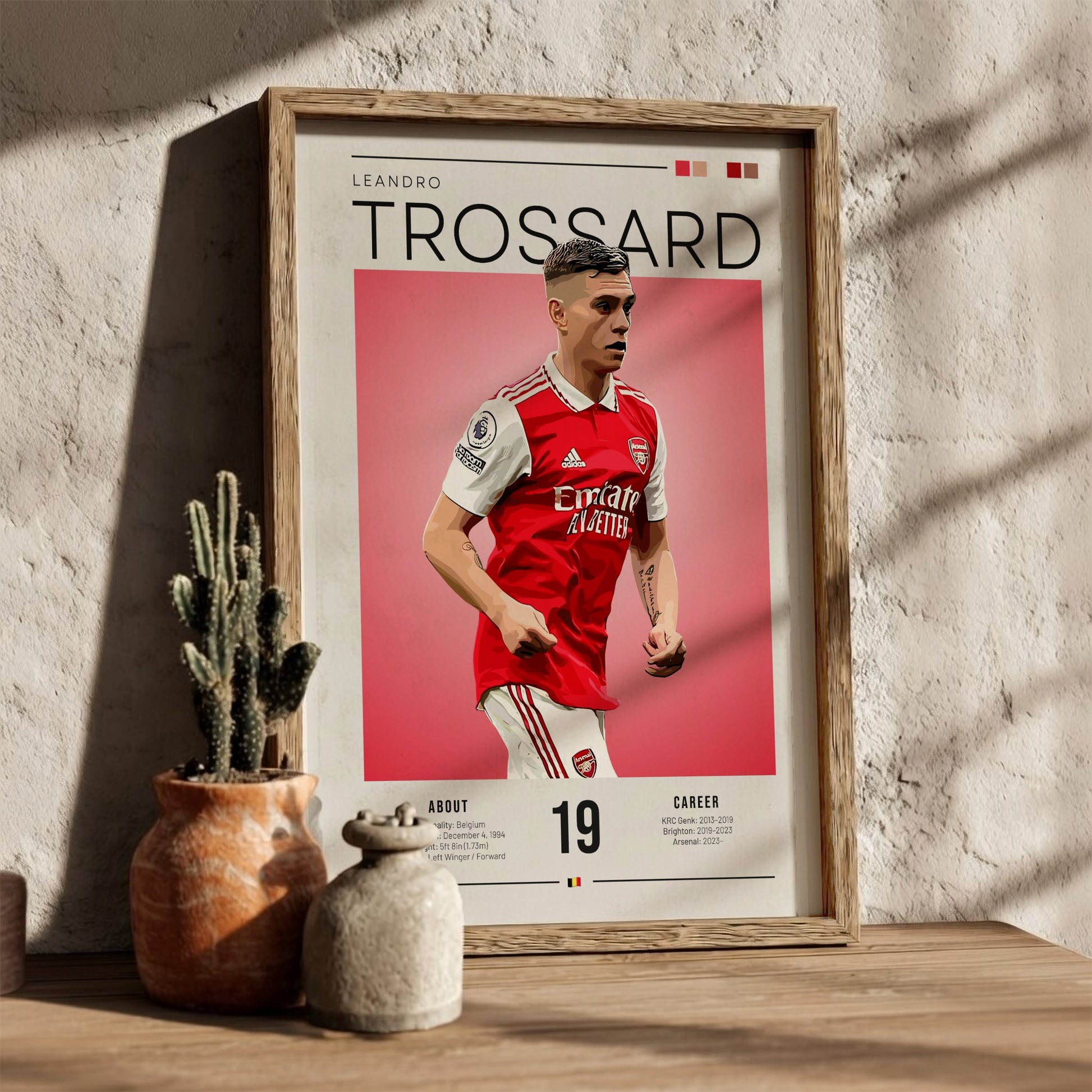 Leandro Trossard poster featuring vibrant colors and dynamic football action, perfect for wall decor.
