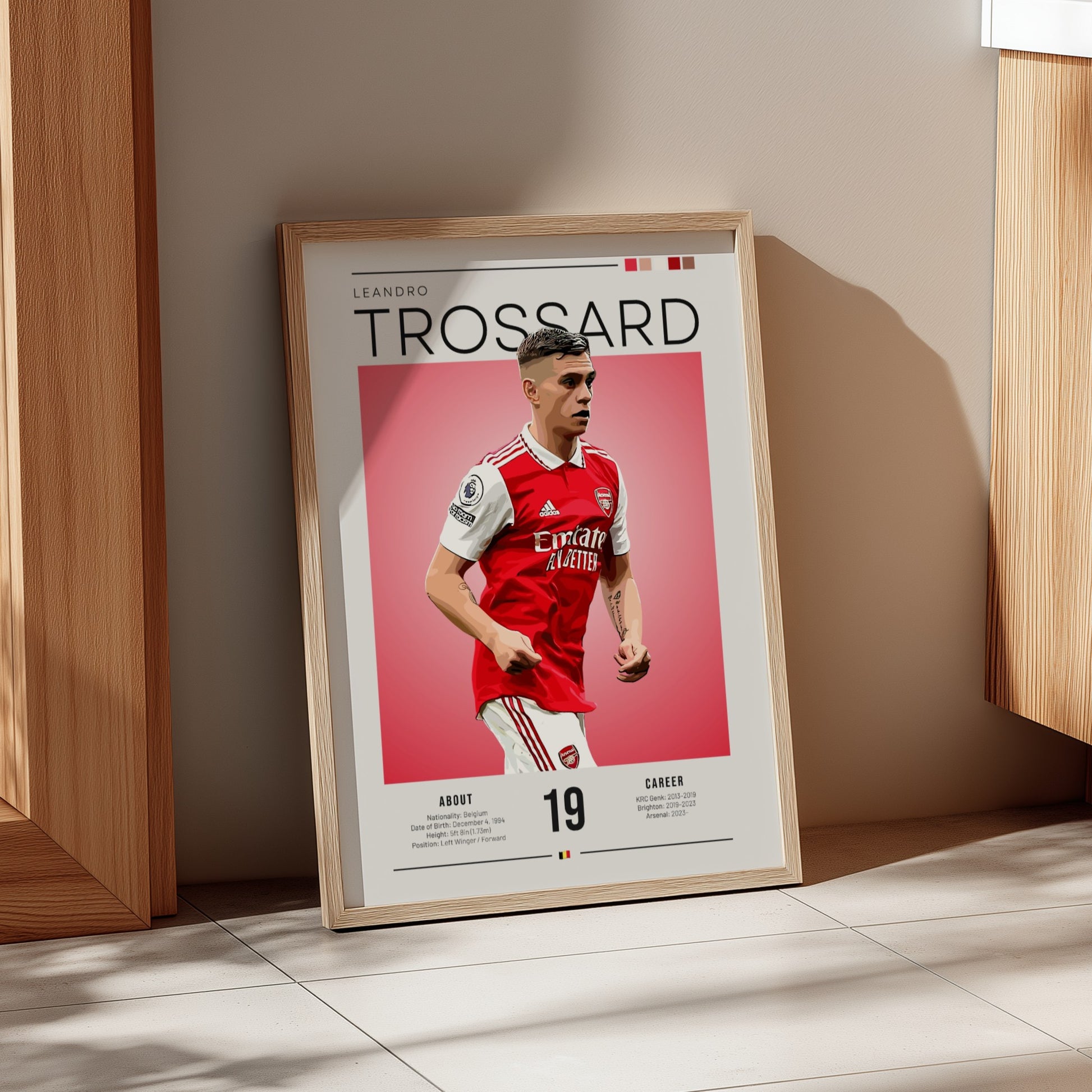 Leandro Trossard poster featuring vibrant colors and dynamic football action, perfect for wall decor.