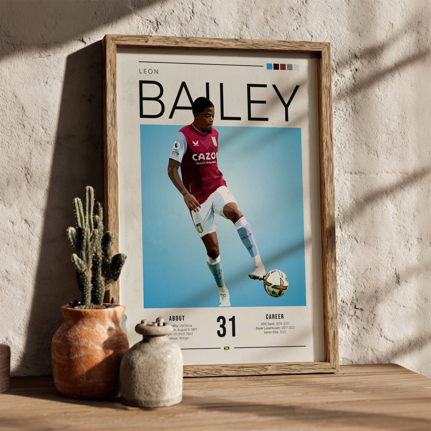Leon Bailey football poster featuring Aston Villa shirt and vibrant blue background