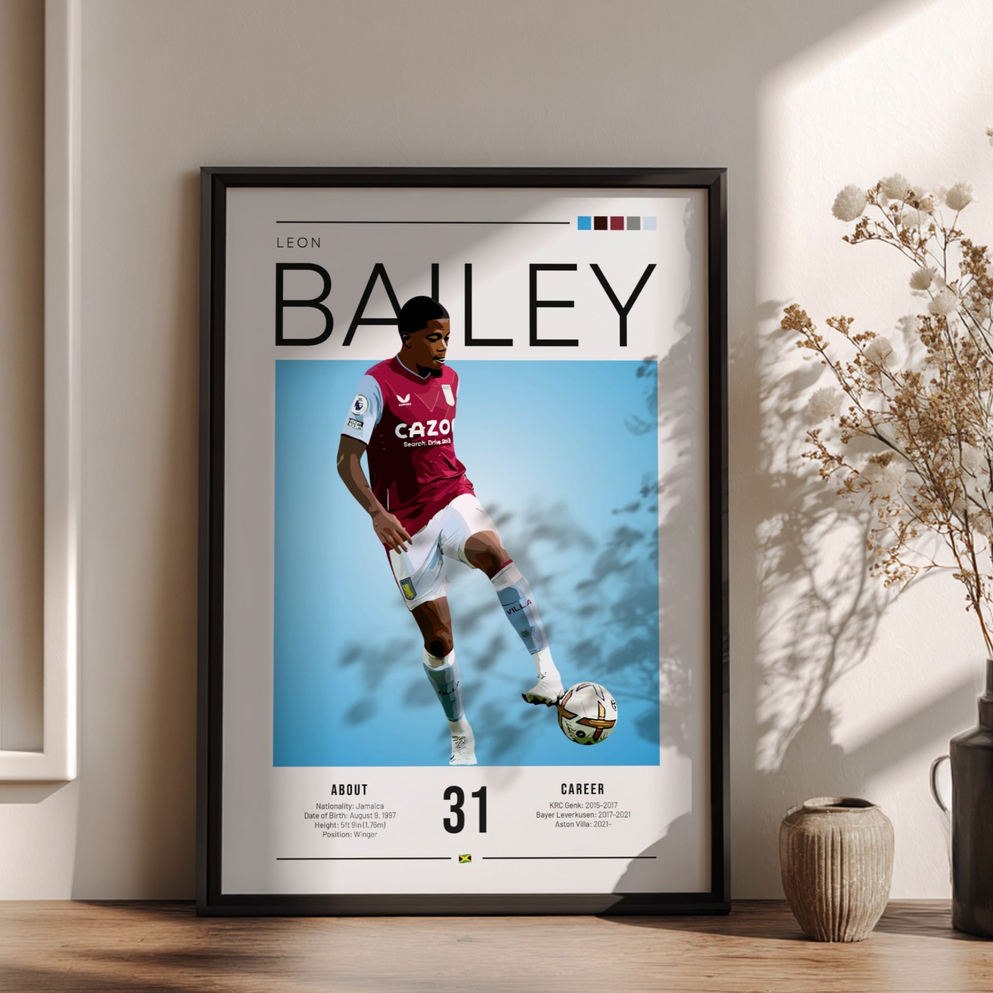 Leon Bailey football poster featuring Aston Villa shirt and vibrant blue background