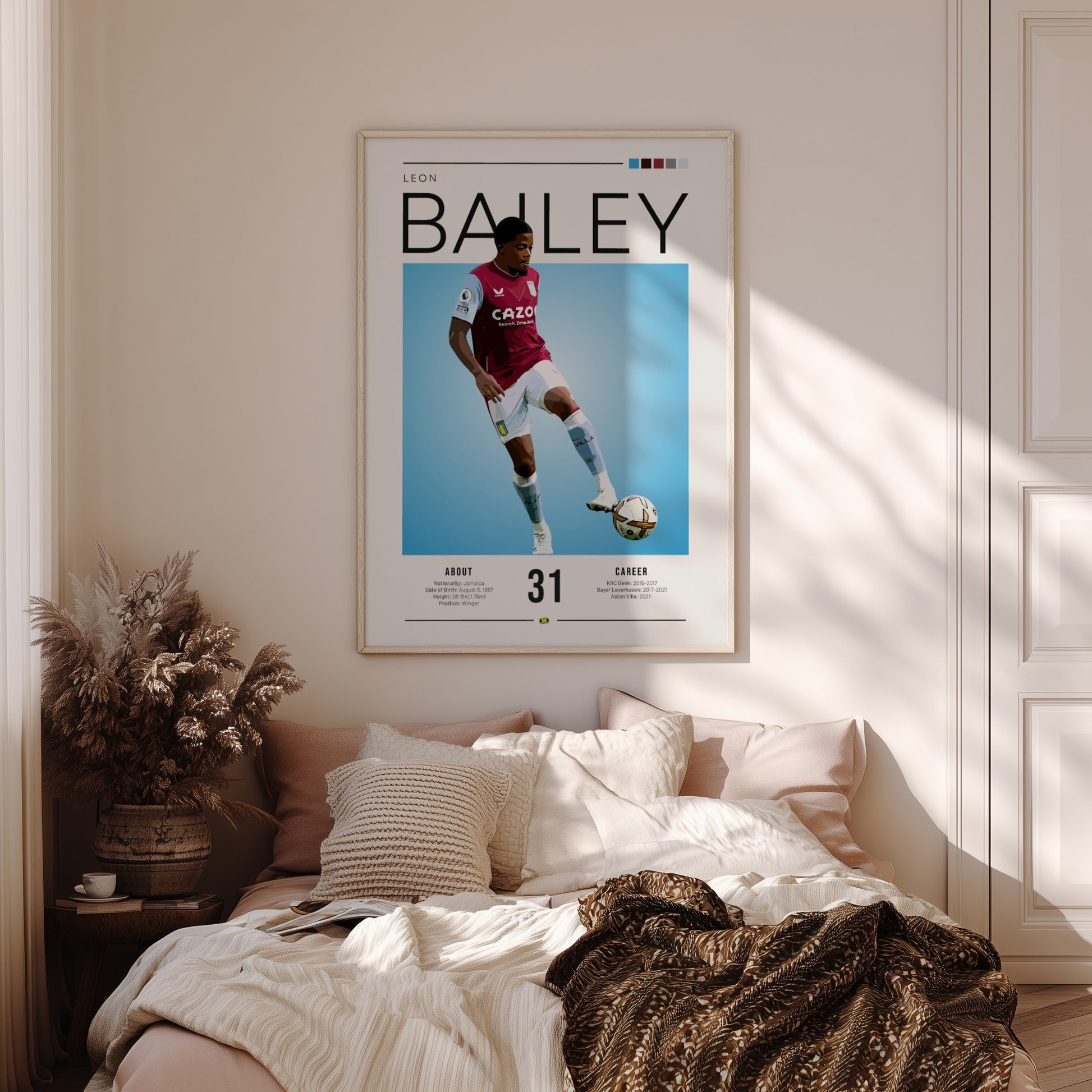 Leon Bailey football poster featuring Aston Villa shirt and vibrant blue background